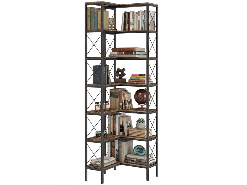  Bibliothèque d'angle à 6 niveaux, meuble de rangement en métal pour salon, chambre, bureau, 60x60x200cm, brun rustique  - Conforama A