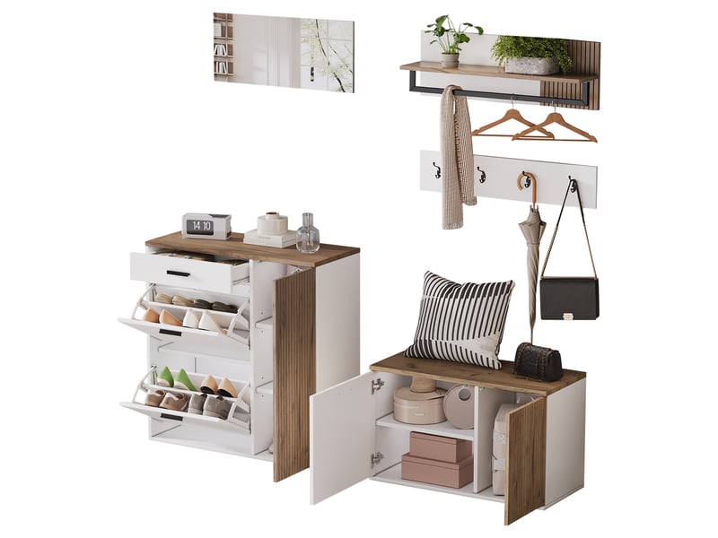 Ensemble d’entrée 5 pièces avec meuble à chaussures, banc, miroir et porte-manteau, bois et blanc  - Conforama A