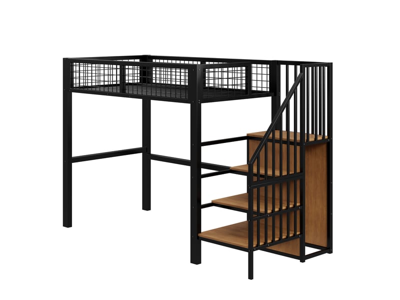 Lit mezzanine enfant 90x200 cm – noir – escalier sécurisé, armoire intégrée et espace sous lit - Conforama D