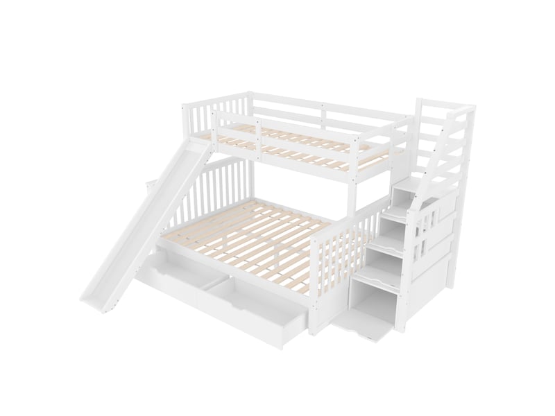  Lit superposé 90x200 et 140x200 cm - toboggan - échelle avec rangements - 2 tiroirs - pin et mdf - blanc  - Conforama R