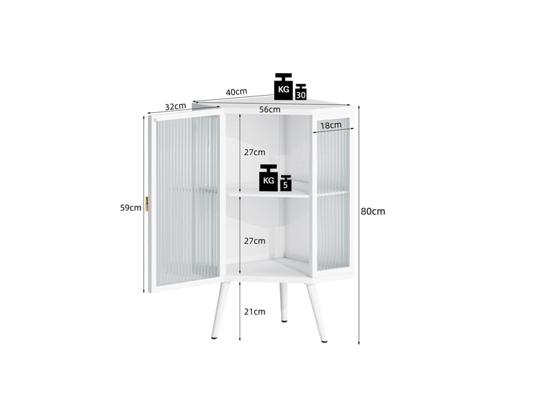  Meuble d'angle de salle de bain au sol 56 x 42,5 x 80 cm – blanc – rangement 2 niveaux en verre trempé  - Conforama C