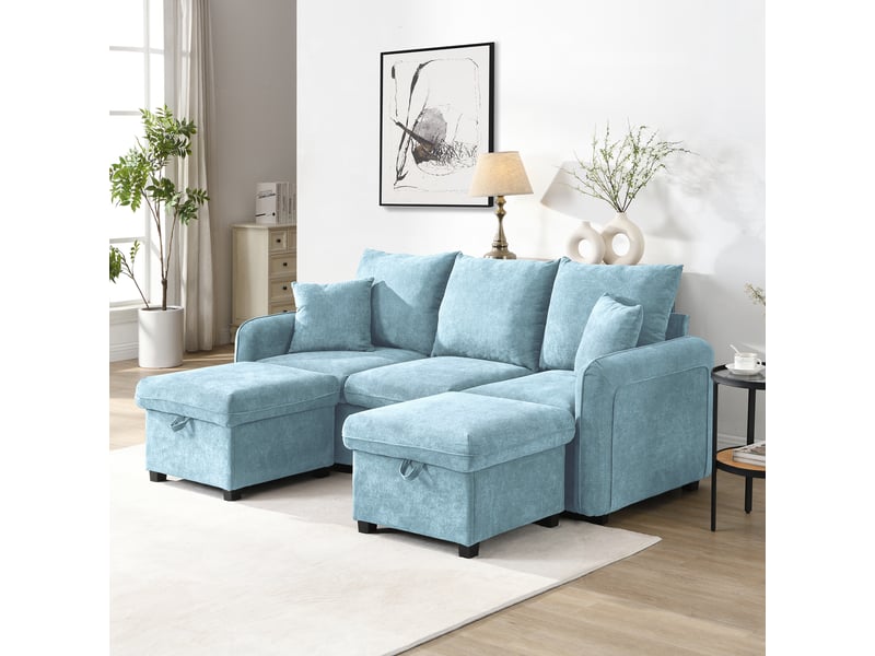  Canapé d’angle convertible 188 cm en u 3 places canapé modulable séparable avec rangement, tiroirs, pouf coffre, fonction lit, chenille bleu OPULERANE TRADING LTD - Conforama D