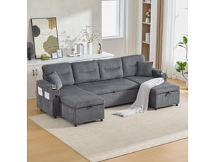 Canapé d'angle convertible 4 places – canapé-lit en velours côtelé avec double méridienne, coffre de rangement, tiroir-lit, porte-gobelets, usb type-c – gris anthracite