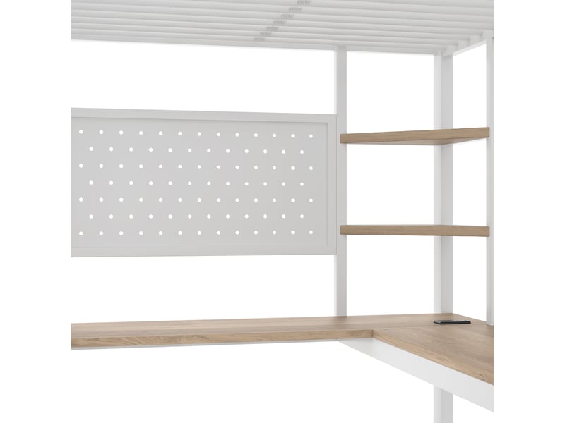  Lit mezzanine 90x200 cm avec bureau, led, prise usb-c, étagères et panneau perforé, métal et mdf, blanc  - Conforama E