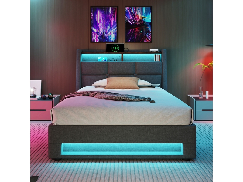  Lit rembourré, lit enfant 90x200 cm, led, usb, sommier à lattes, matelas inclus, lin gris  - Conforama W