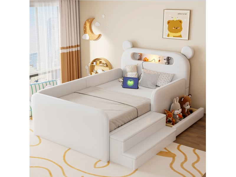  Lit enfant 90 × 200 cm 1 place avec rangement, veilleuse usb et assise, sans matelas, en similicuir blanc  - Conforama B