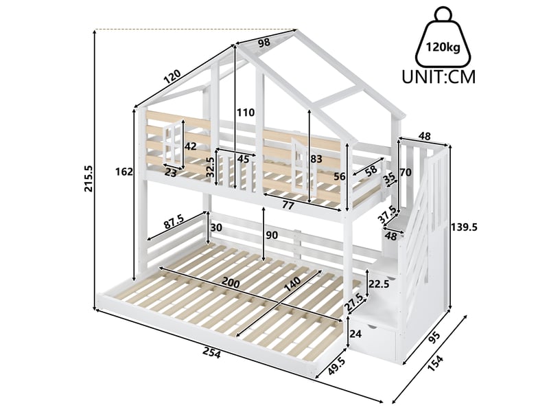  Lit superposé cabane 90x200+140x200 cm avec maison, fenêtres décoratives, escalier avec rangement, 2 couchages, bois blanc et naturel (sans matelas)  - Conforama C