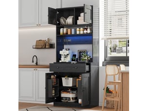 Buffet de cuisine 180 cm avec led, prise et grand tiroir, noir mdf
