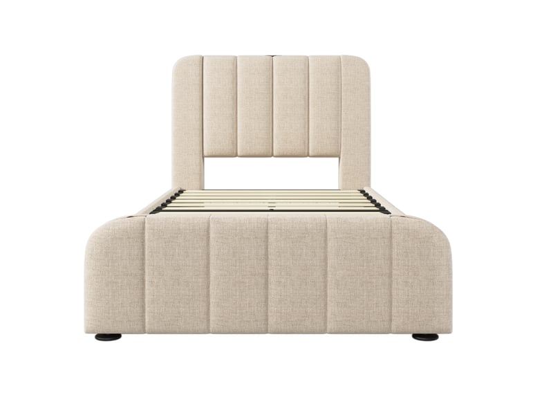  Lit simple 90x200 cm, lit enfant avec bandes métalliques dorées, prise intégrée et 4 tiroirs, tissu lin, beige, sans matelas  - Conforama C