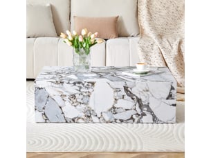 Table basse rectangulaire effet marbre blanc, mdf, 90x50x30 cm, sans montage