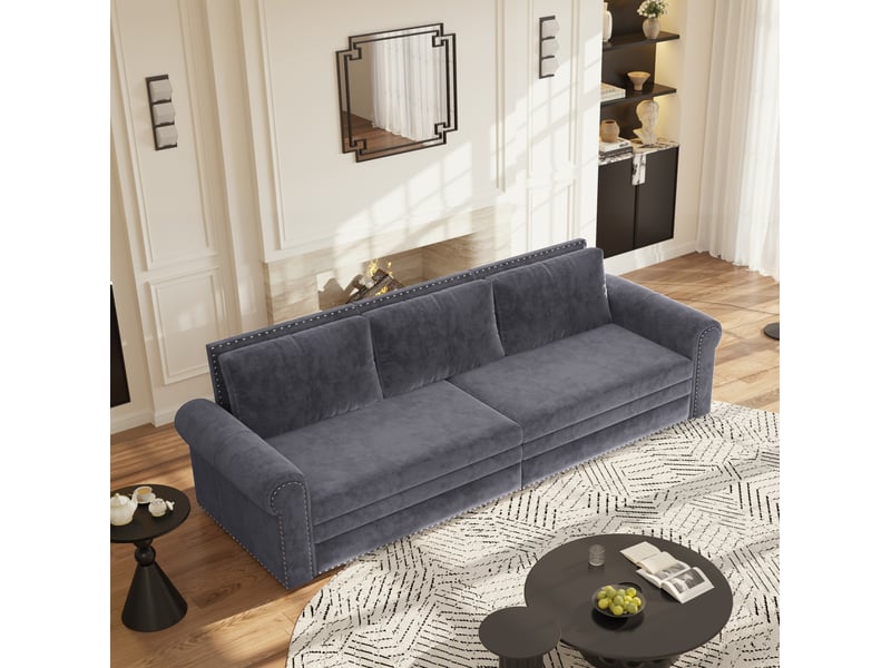  Canapé-lit 3 places 238x90x98 cm convertible 3-en-1, coussin de dossier réglable, en mousse et velours couleur gris  - Conforama E