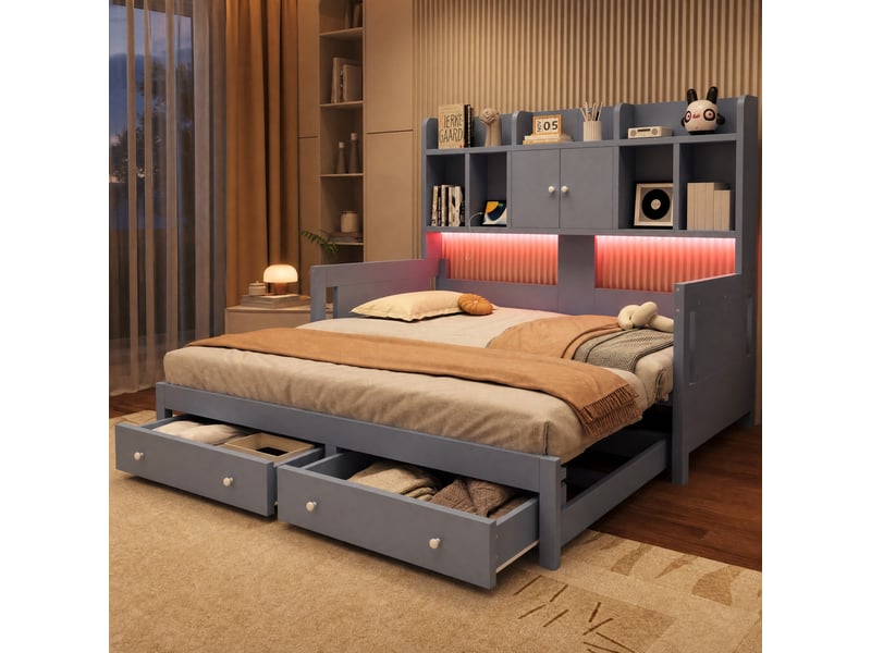 Lit gigogne 90x190+180x190 cm avec rangement en bois gris - Conforama C