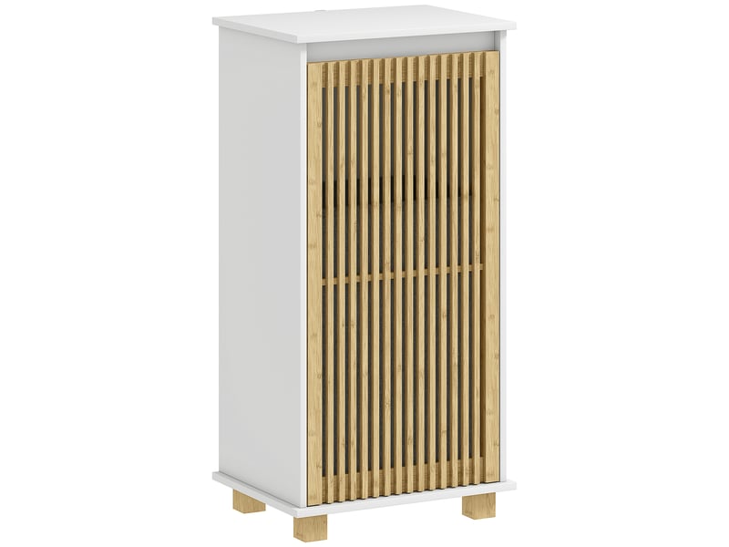  Meuble salle de bain avec panier à linge, porte à lattes en bambou et sac amovible, blanc et effet bois naturel  - Conforama B