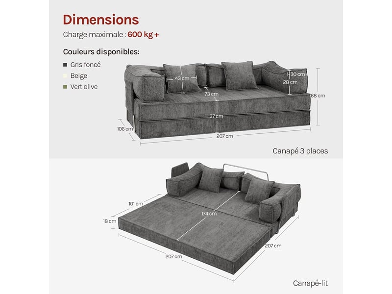  Canapé-lit convertible 3 places, sofa de sol modulaire, coussins amovibles，207x106x68cm，gris foncé  - Conforama D