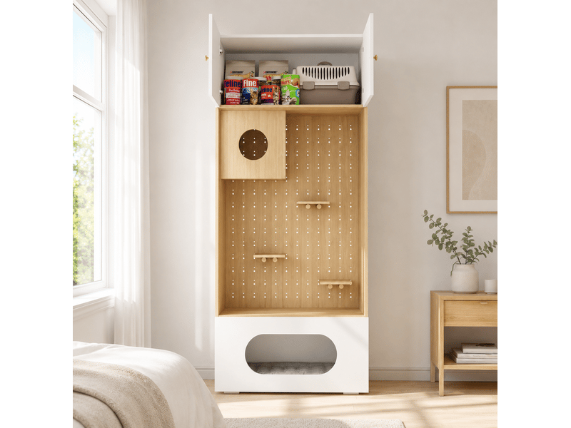  Meuble multifonction pour félin 90 x 50 x 200 cm blanc et aspect bois, rangement et espaces de repos  - Conforama B