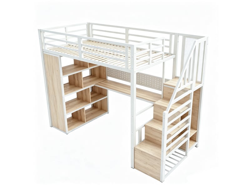 Lit mezzanine métal blanc 90x200 cm, bureau, armoire, rangements, prises, panneau perforé et led - Conforama D