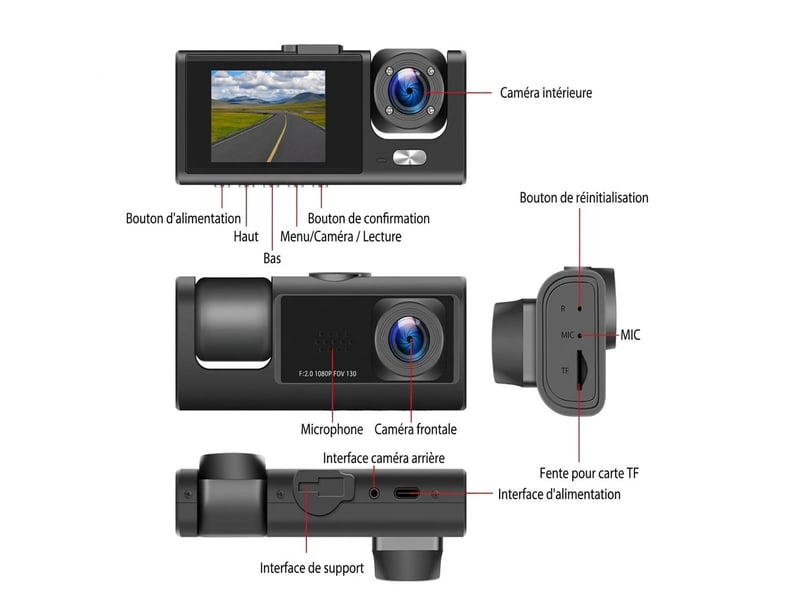 Dashcam voiture 3 canaux full hd 1080p wifi – caméra embarquée avant, intérieur et arrière avec écran ips 2,0, vision nocturne infrarouge, g-sensor et mode parking – noir - Conforama D