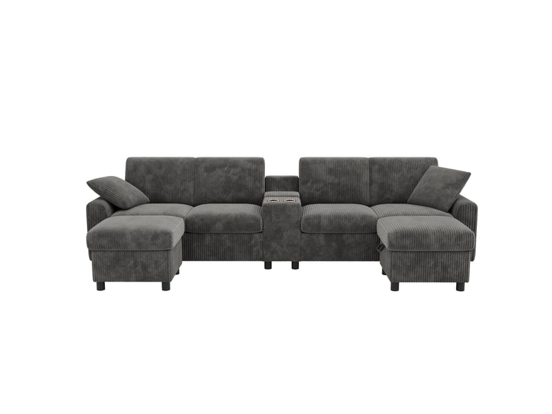 Canapé en u 4 places 315x135 cm – gris – velours côtelé, 2 poufs coffre, table et charge intégrée - Conforama D