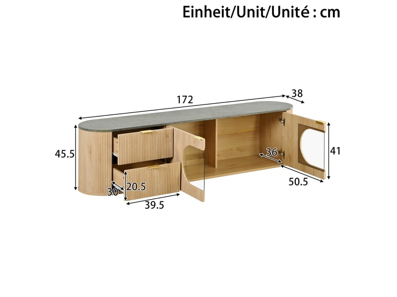  Meuble tv modenvie moderne 172 x 38 x 45,5 cm mdf naturel portes texturées vitrine en verre gris  - Conforama C