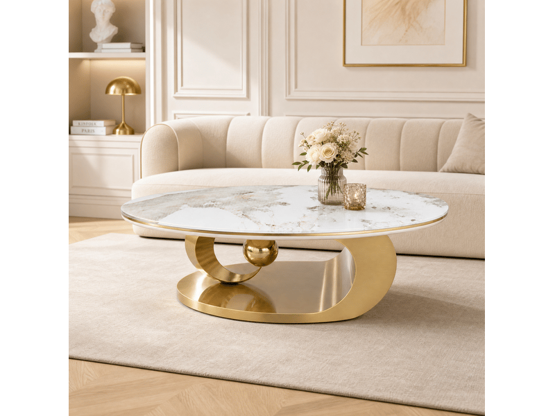  Table basse ovale 120x67x45 cm effet marbre blanc et piètement doré  - Conforama E