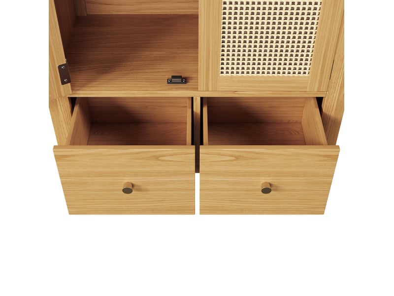  Armoire 78x45x181 cm 2 portes 2 tiroirs mdf chêne avec tringle et rotin pe, rangement ouvert et fermeture magnétique  - Conforama E