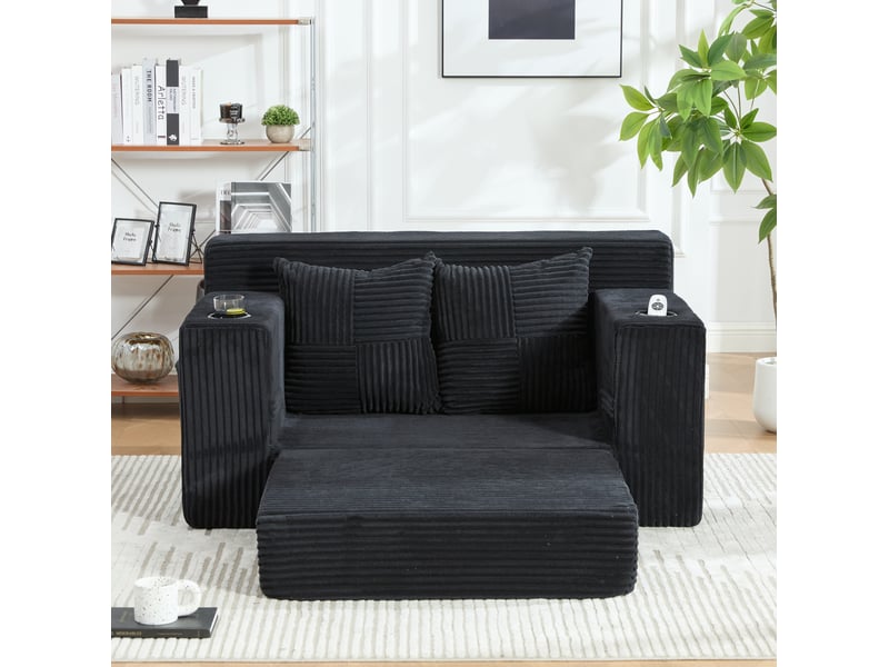  Canapé-lit 2 places 151x133x64 cm noir en velours côtelé, 2 coussins, porte-gobelet et rangement latéral  - Conforama B