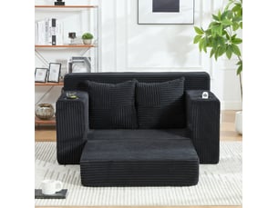 Canapé-lit 2 places 151x133x64 cm noir en velours côtelé, 2 coussins, porte-gobelet et rangement latéral