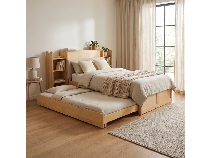  Lit gigogne enfant 90x200 à 180x200 cm - lit extensible convertible - tête de lit bibliothèque - tiroirs à roulettes - bois massif + mdf CozyNest - Conforama E