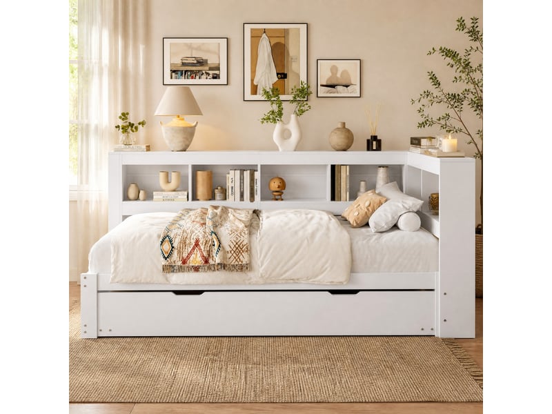  Lit gigogne 90x200 cm avec prise et 2 ports usb, blanc  - Conforama B