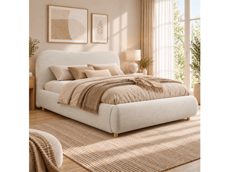  Lit coffre double 180x200 cm hydraulique avec sommier, tissu bouclette blanc  - Conforama B