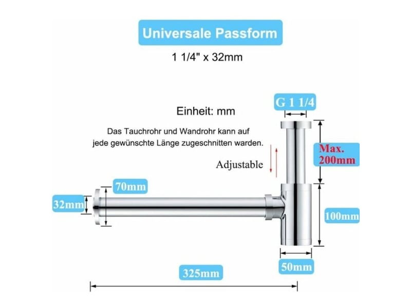  Laiton siphon de lavabo, universel syphon design 1 14 x 32mm, réglable anti odeur, chromé - rwsiphon de lavabo  - Conforama B