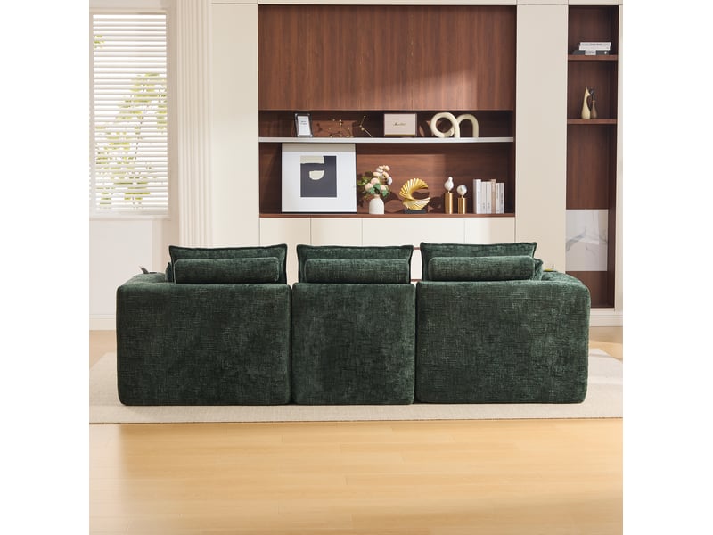 Canapé modulable 3 places modenvie avec pouf, coussins, porte-gobelets et poches latérales en tissu chenille vert foncé 256 x 161 x 75 cm - Conforama E