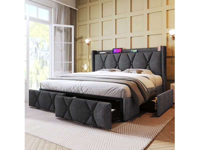  Lit double 160x200 cm avec 4 tiroirs, prises et ports usb, en lin gris  - Conforama E