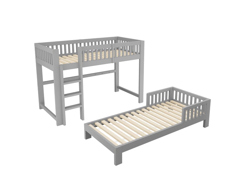 Lit mezzanine en bois massif 90 x 200 cm, nombreuses configurations de montage, barrière de sécurité, gris - Conforama E