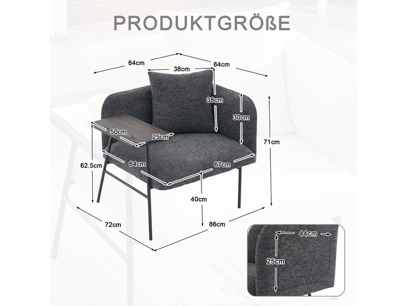 Fauteuil rembourré avec table d'appoint intégrée, poches de rangement et dossier incurvé en chenille gris foncé - Conforama D