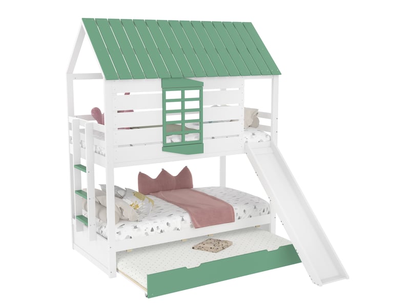  Lit superposé enfant 90x200 cm blanc et vert avec toboggan et lit gigogne  - Conforama A