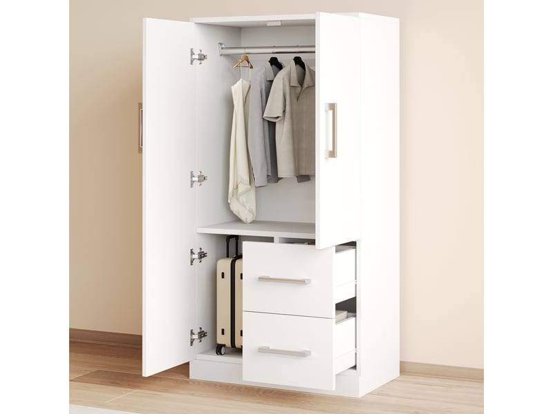 Armoire enfant 70×40×135 cm blanche, 2 portes, avec tiroirs et compartiments de rangement, armoire individuelle - Conforama C