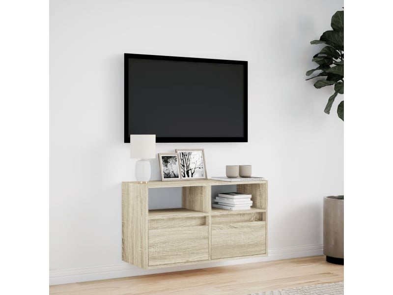 Meuble tv - banc tv - meuble de rangement mural avec lumières led chêne sonoma 80x31x45 cm - Conforama D