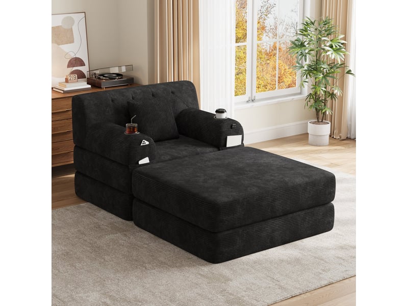 Canapé convertible compressé 1 place en velours côtelé noir, avec 4 poches et 2 porte-gobelets - Conforama D