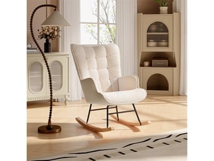 Fauteuil à bascule 68x78x98 cm - fauteuil en tissu bouclette peluche, dossier haut capitonné et pieds bois - beige