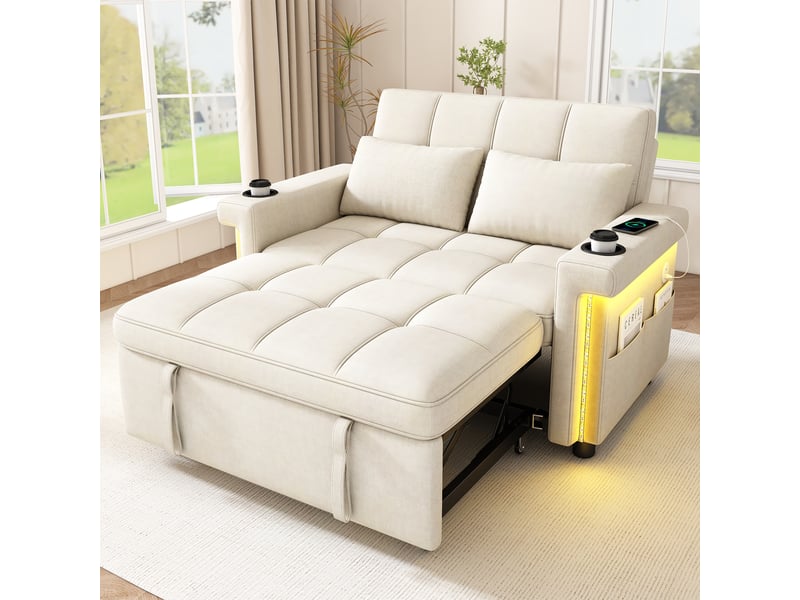  Canapé convertible 2 places 145x141,5x90 cm avec couchage, led, usb type-c, dossier ajustable, coussins, porte-gobelet, poche, chenille, beige  - Conforama B