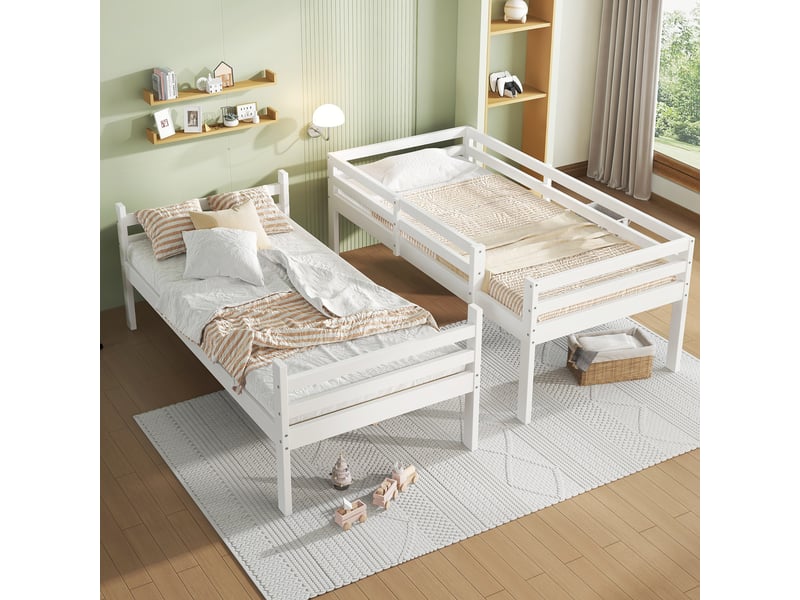  Lit superposé 90x200 cm, structure en pin massif, coloris blanc, échelle fixe, garde-corps, séparable en 2 lits, conception fonctionnelle  - Conforama E
