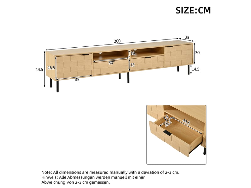  Meuble tv bas 200 cm, finition bois naturel, avec façades en relief  - Conforama C