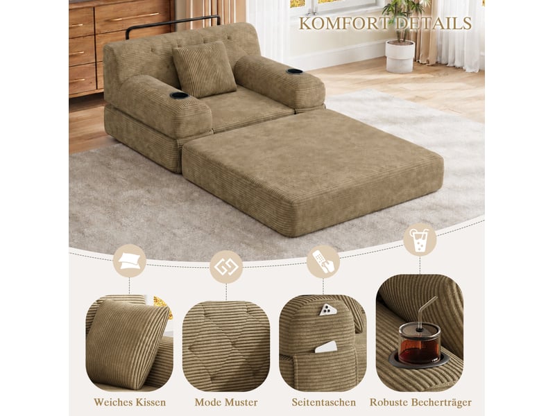  Fauteuil 1 place convertible en velours côtelé kaki, 107x80x81 cm  - Conforama W
