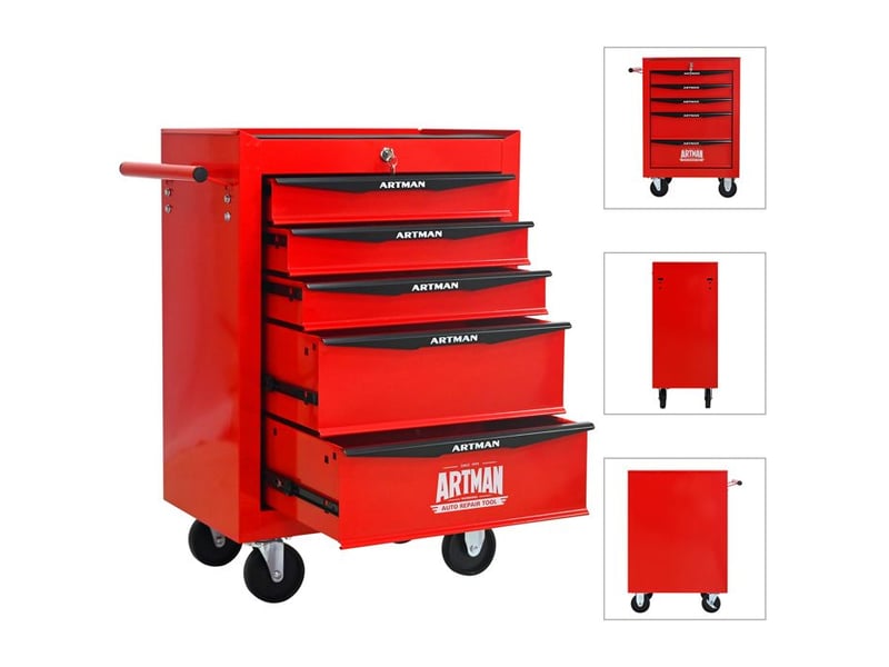  Chariot à outils - 5 tiroirs - acier - rouge et noir - 22.1 kg 52.4x33x65.6cm - Conforama D