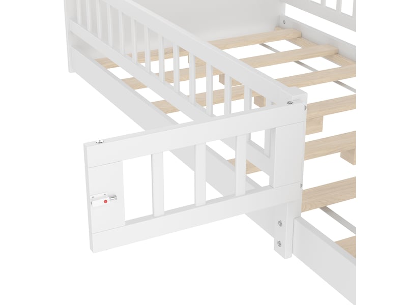  Lit enfant 90x200cm avec espace de rangement, garde-corps,étagère, sommier, pin blanc, sans matelas  - Conforama E