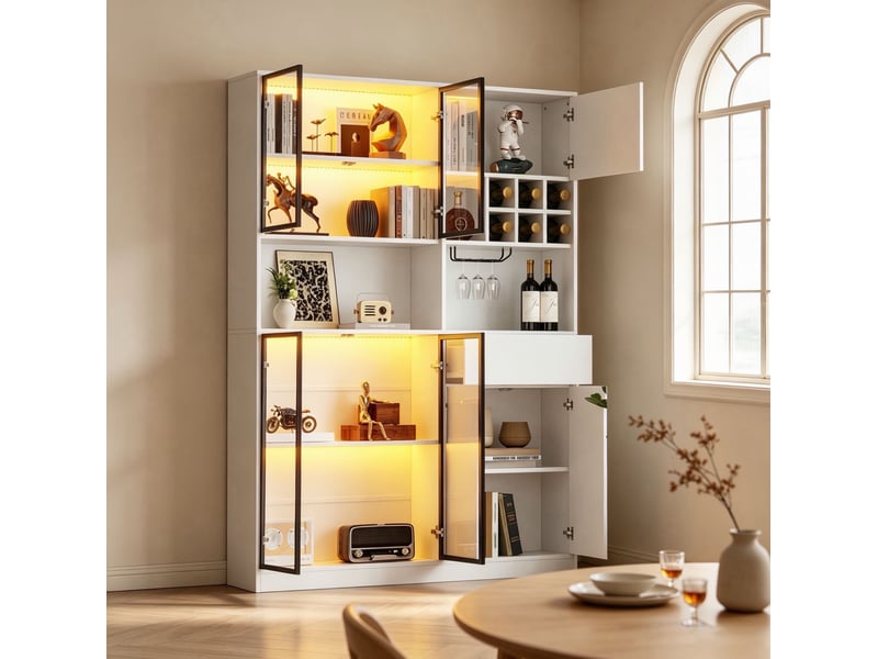  Vitrine tcqpz 140 x 30 x 200 cm led bluetooth 7 portes 1 tiroir rangement blanc  - Conforama B