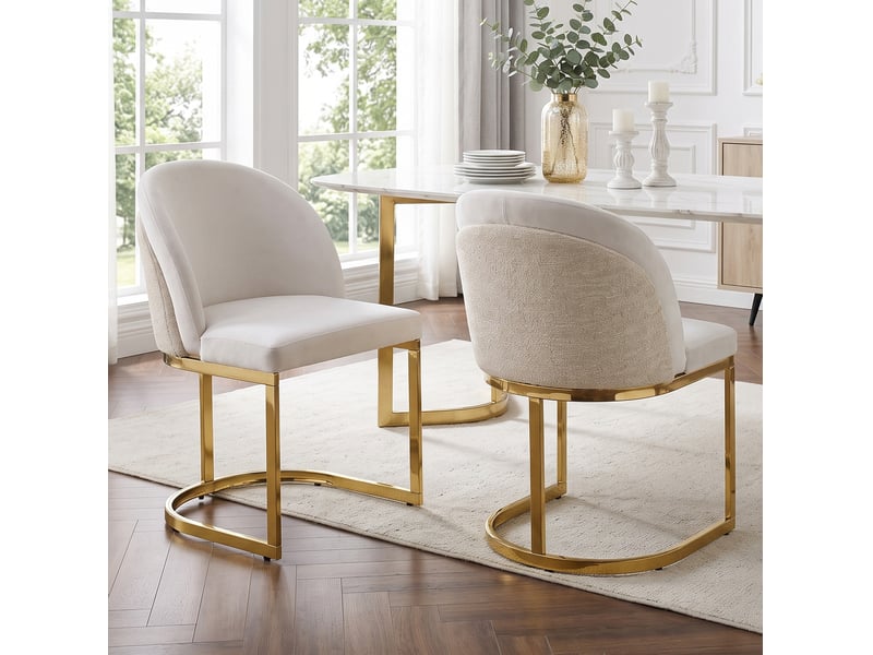  Lot de 4 chaises de salle a manger 59×52×85cm 4 pieces, chenille beige et or, dossier double, pieds metalliques lisses  - Conforama E