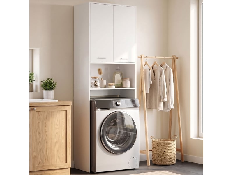  Armoire de salle de bain sur lave-linge avec 2 portes, niche ouverte et rangement en bois blanc, 66 × 24 × 191 cm  - Conforama B