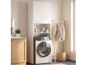 Armoire de salle de bain sur lave-linge avec 2 portes, niche ouverte et rangement en bois blanc, 66 × 24 × 191 cm